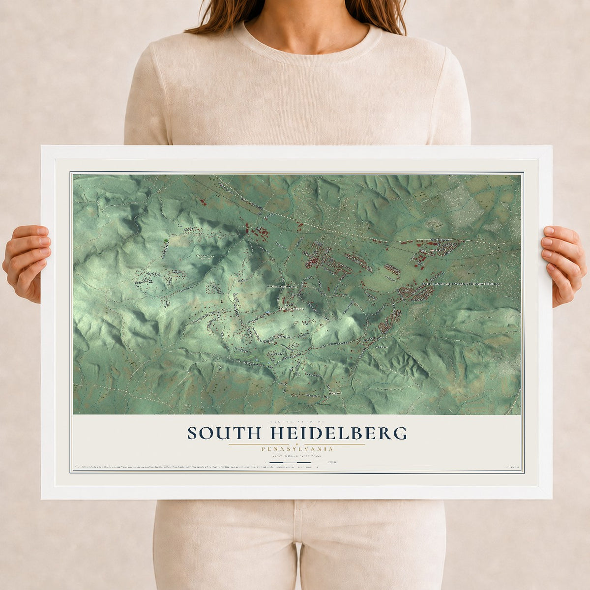 Map of South Heidelberg, Pennsylvania, 12 x 18 inch print in a white wood frame