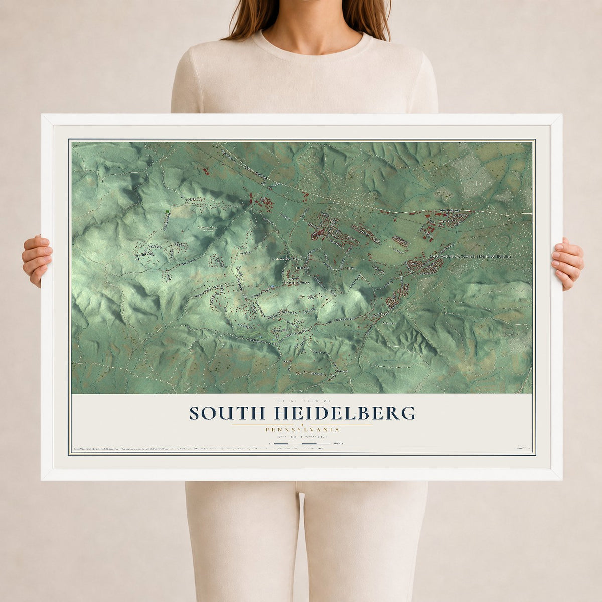 Map of South Heidelberg, Pennsylvania, 24 x 36 inch print in a white wood frame