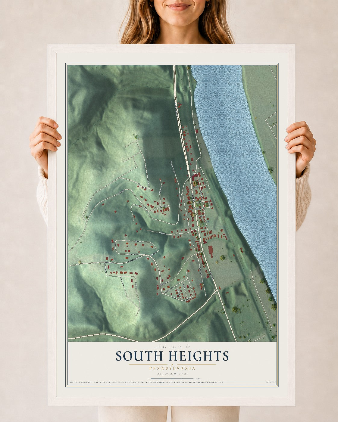 Map of South Heights, Pennsylvania, 24 x 36 inch print in a white wood frame