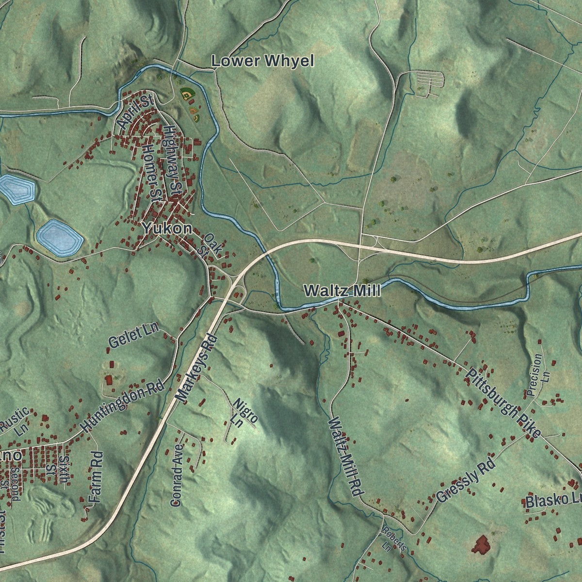 Second close-up of the map of South Huntingdon, Pennsylvania print showing more streets and buildings