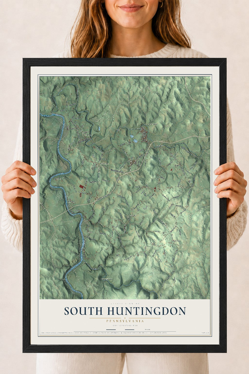 Map of South Huntingdon, Pennsylvania, 18 x 24 inch print in a black wood frame