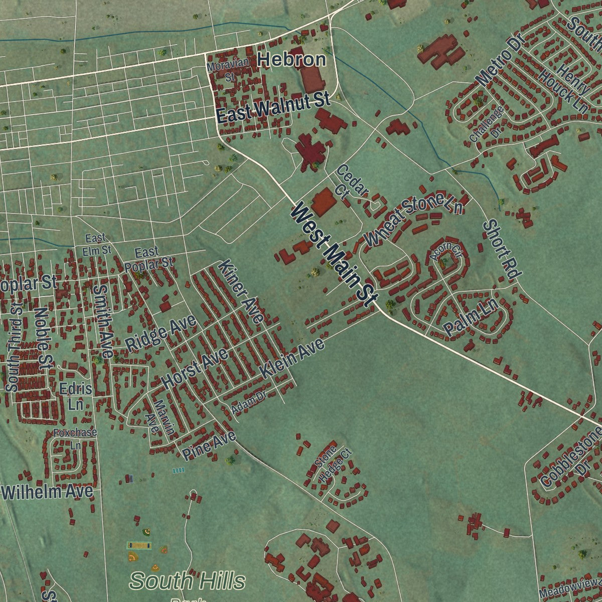 Close-up of the map of South Lebanon, Pennsylvania print showing street and building detail