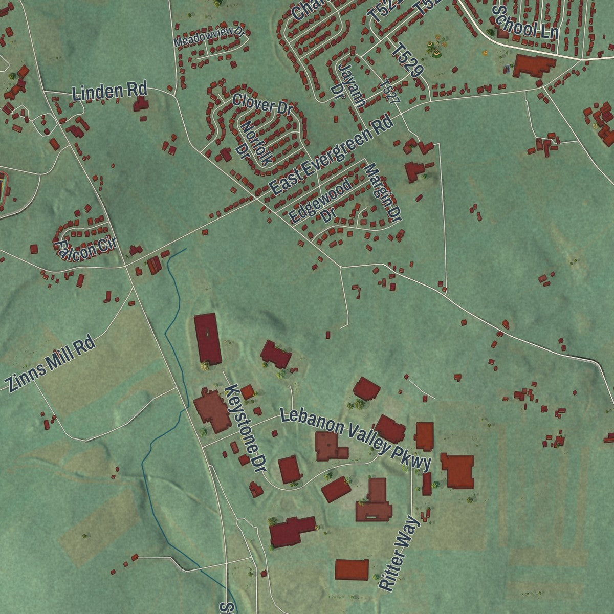 Second close-up of the map of South Lebanon, Pennsylvania print showing more streets and buildings