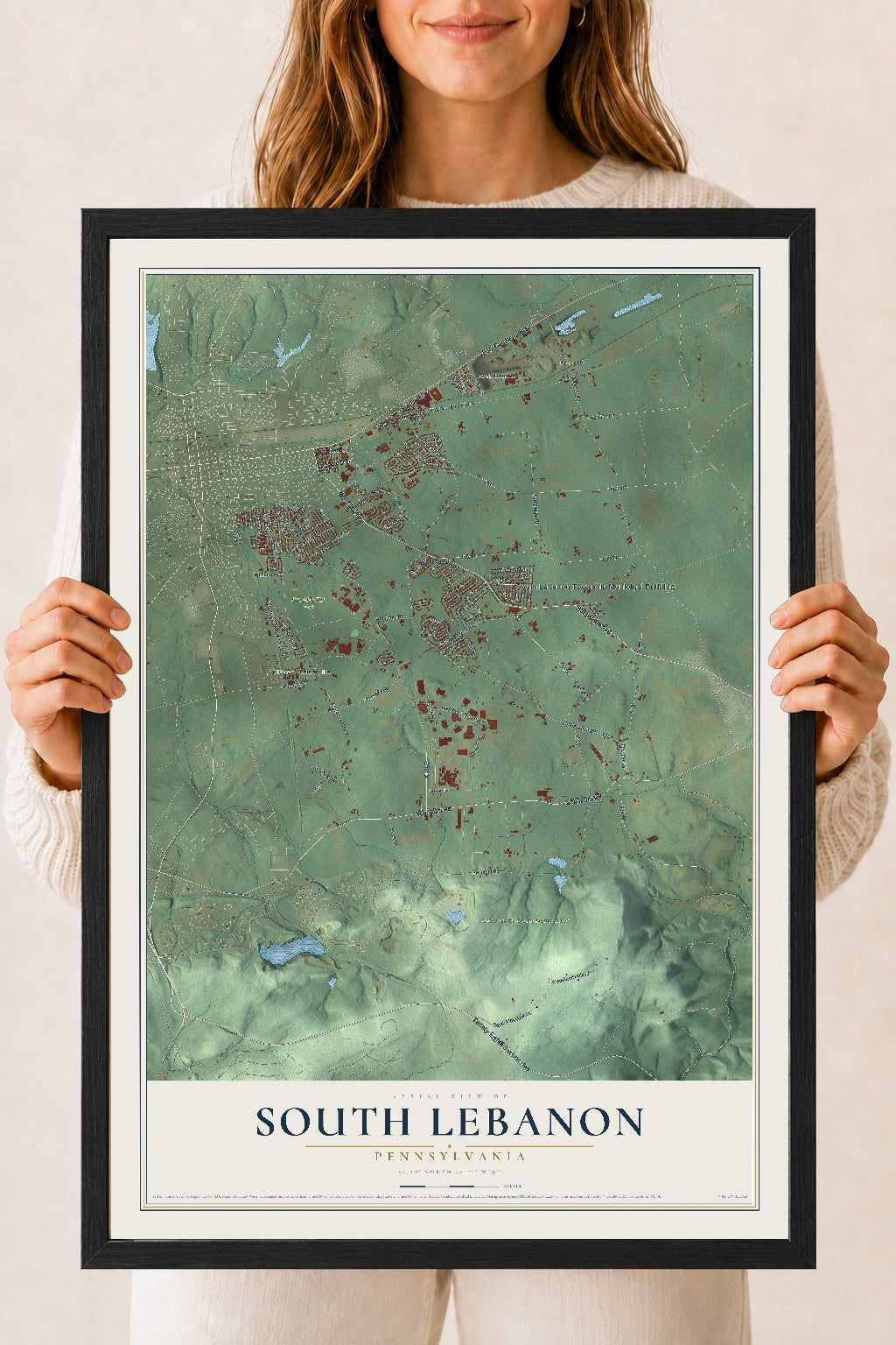 Map of South Lebanon, Pennsylvania, 18 x 24 inch print in a black wood frame