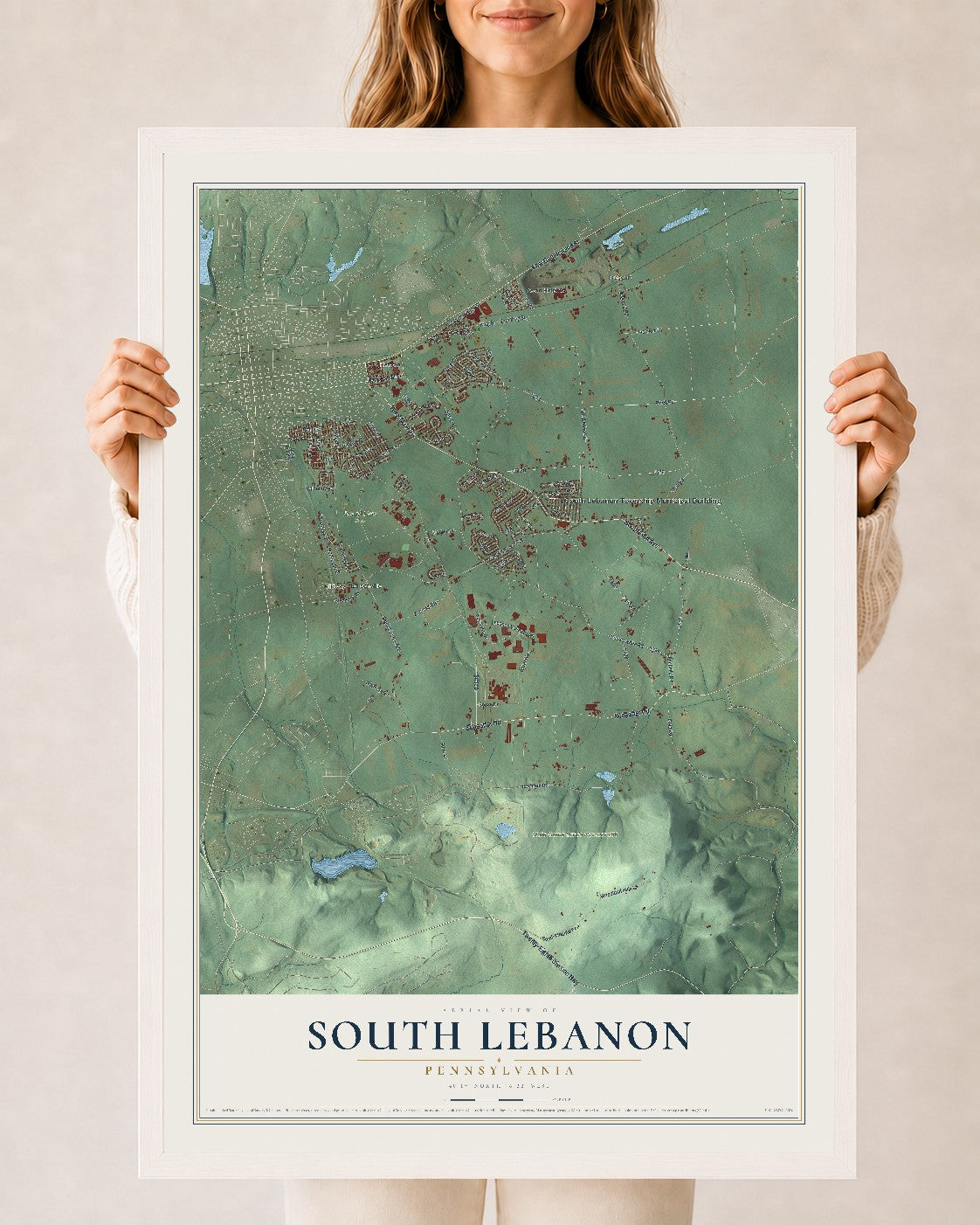 Map of South Lebanon, Pennsylvania, 24 x 36 inch print in a white wood frame