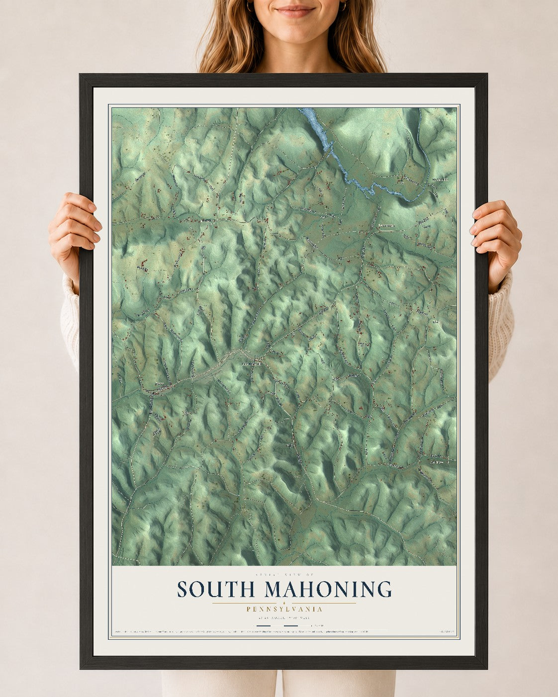 Map of South Mahoning, Pennsylvania, 24 x 36 inch print in a black wood frame