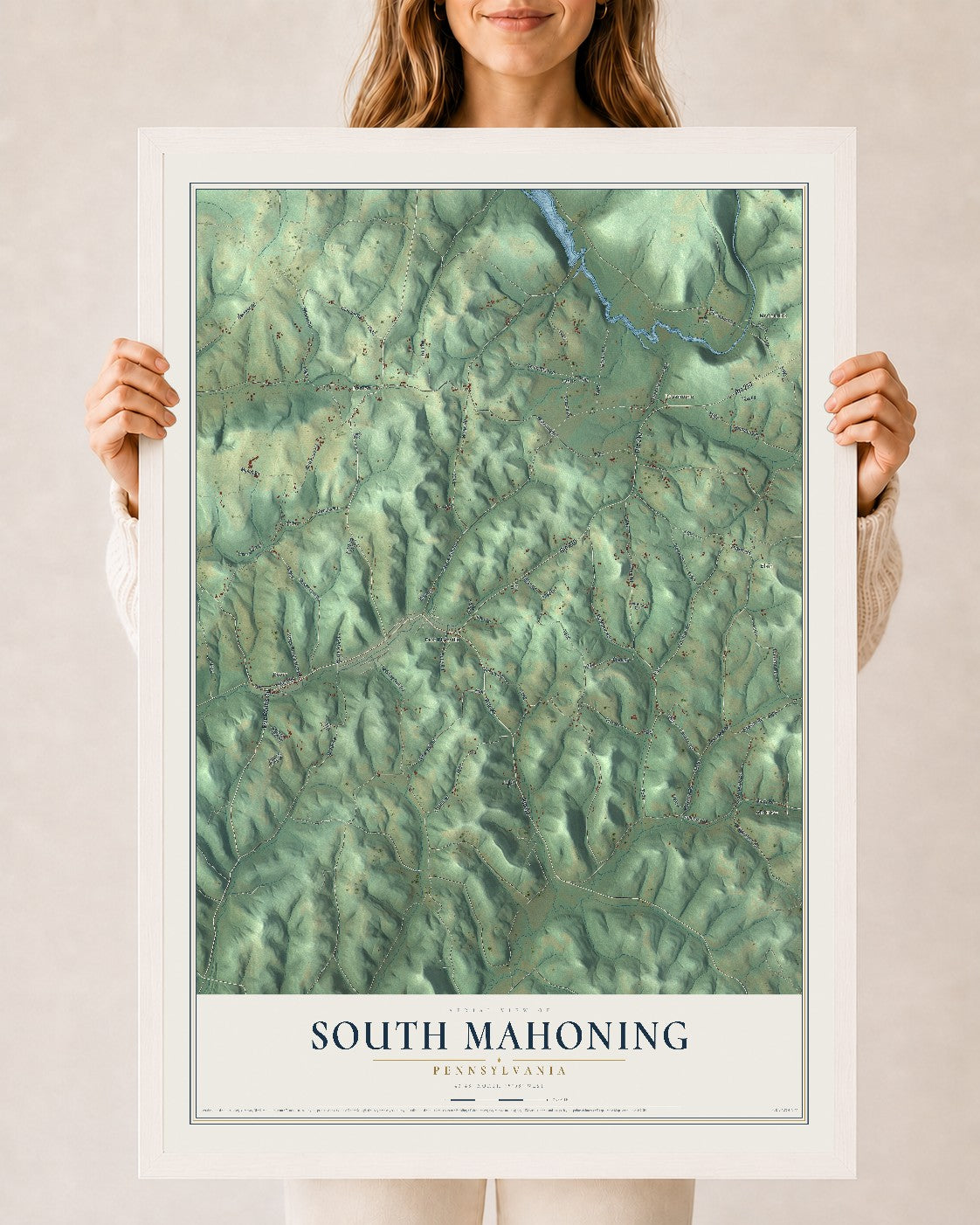 Map of South Mahoning, Pennsylvania, 24 x 36 inch print in a white wood frame