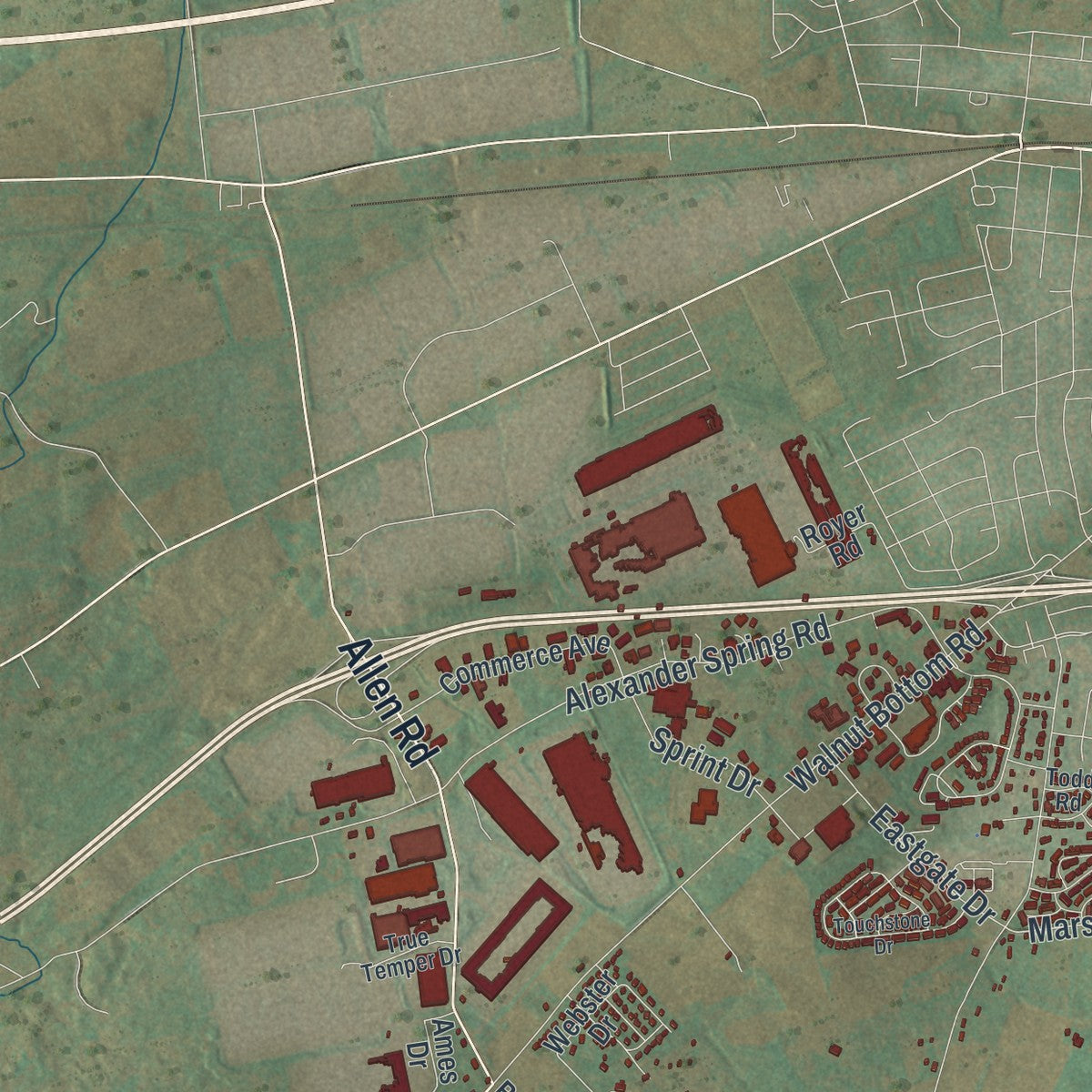 Second close-up of the map of South Middleton, Pennsylvania print showing more streets and buildings