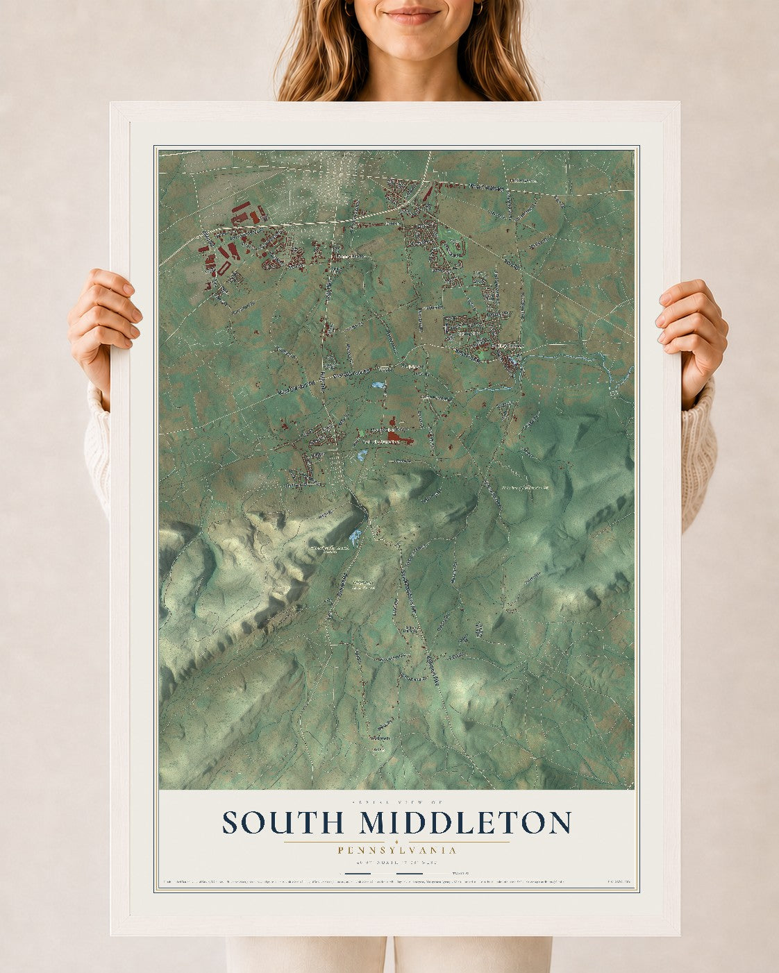 Map of South Middleton, Pennsylvania, 24 x 36 inch print in a white wood frame