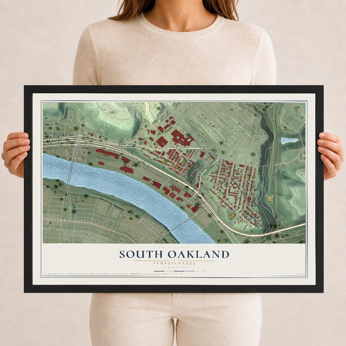 Map of South Oakland, Pennsylvania, 12 x 18 inch print in a black wood frame