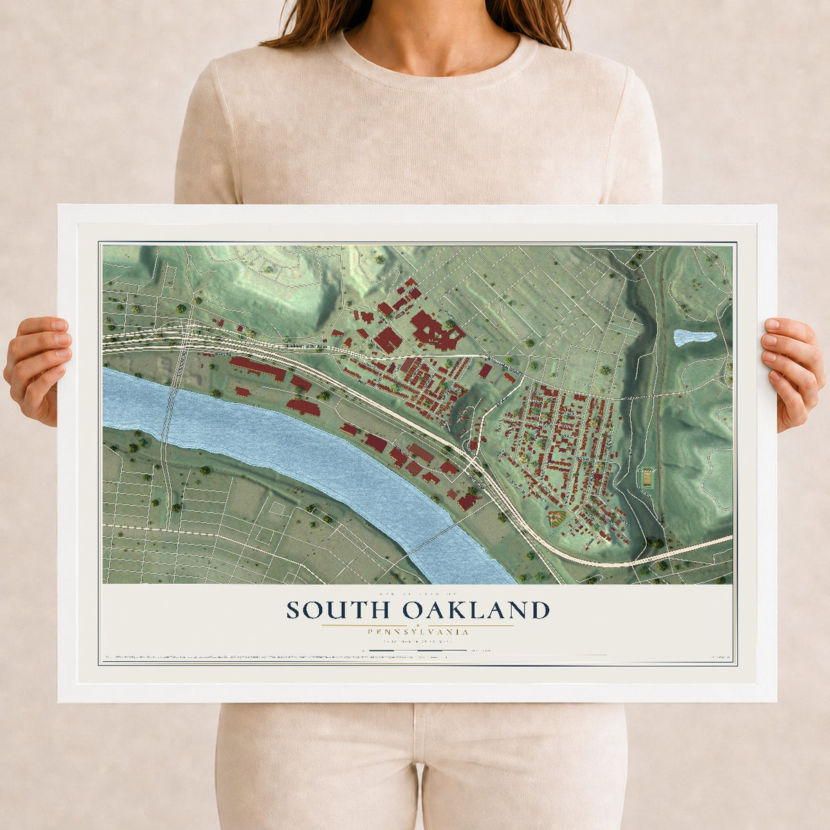 Map of South Oakland, Pennsylvania, 12 x 18 inch print in a white wood frame
