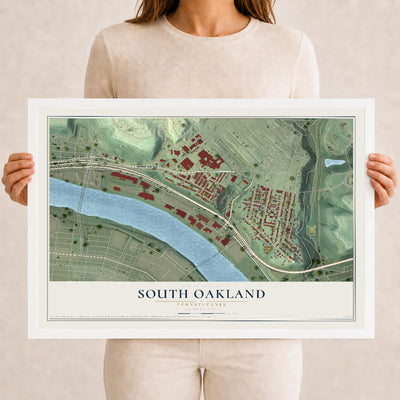 Map of South Oakland, Pennsylvania, 12 x 18 inch print in a white wood frame
