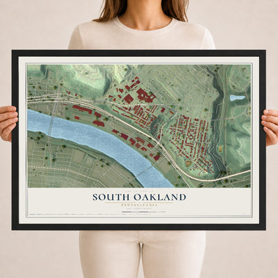Map of South Oakland, Pennsylvania, 18 x 24 inch print in a black wood frame