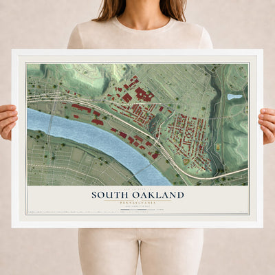 Map of South Oakland, Pennsylvania, 18 x 24 inch print in a white wood frame