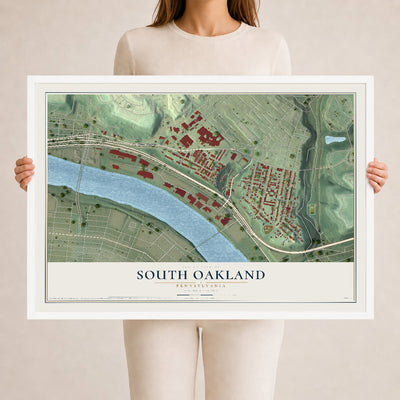 Map of South Oakland, Pennsylvania, 24 x 36 inch print in a white wood frame