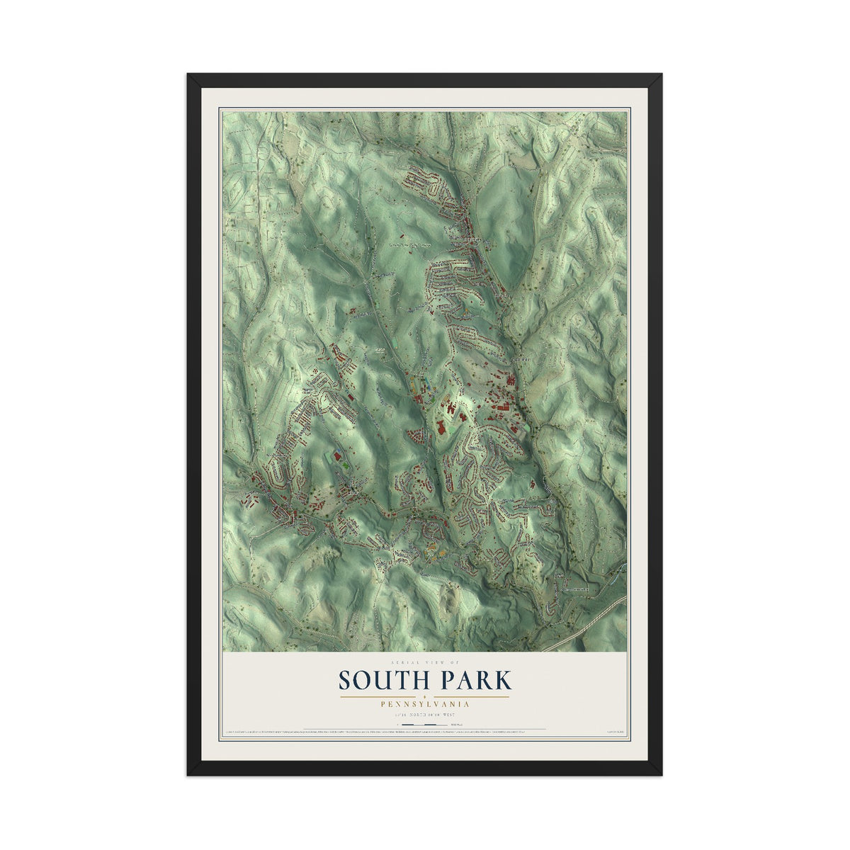 Map of South Park, Pennsylvania, 12 x 18 inch print in a black wood frame
