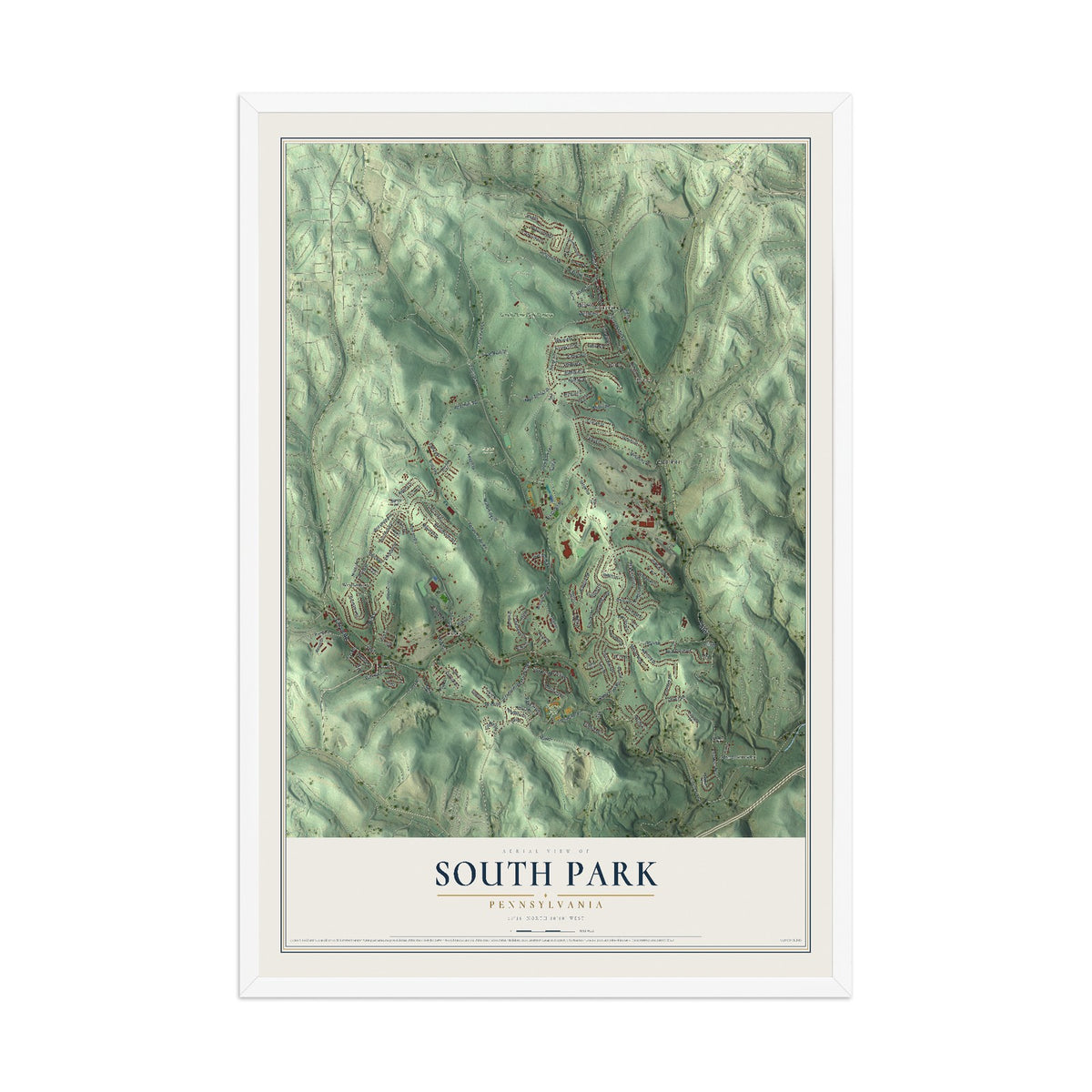Map of South Park, Pennsylvania, 12 x 18 inch print in a white wood frame