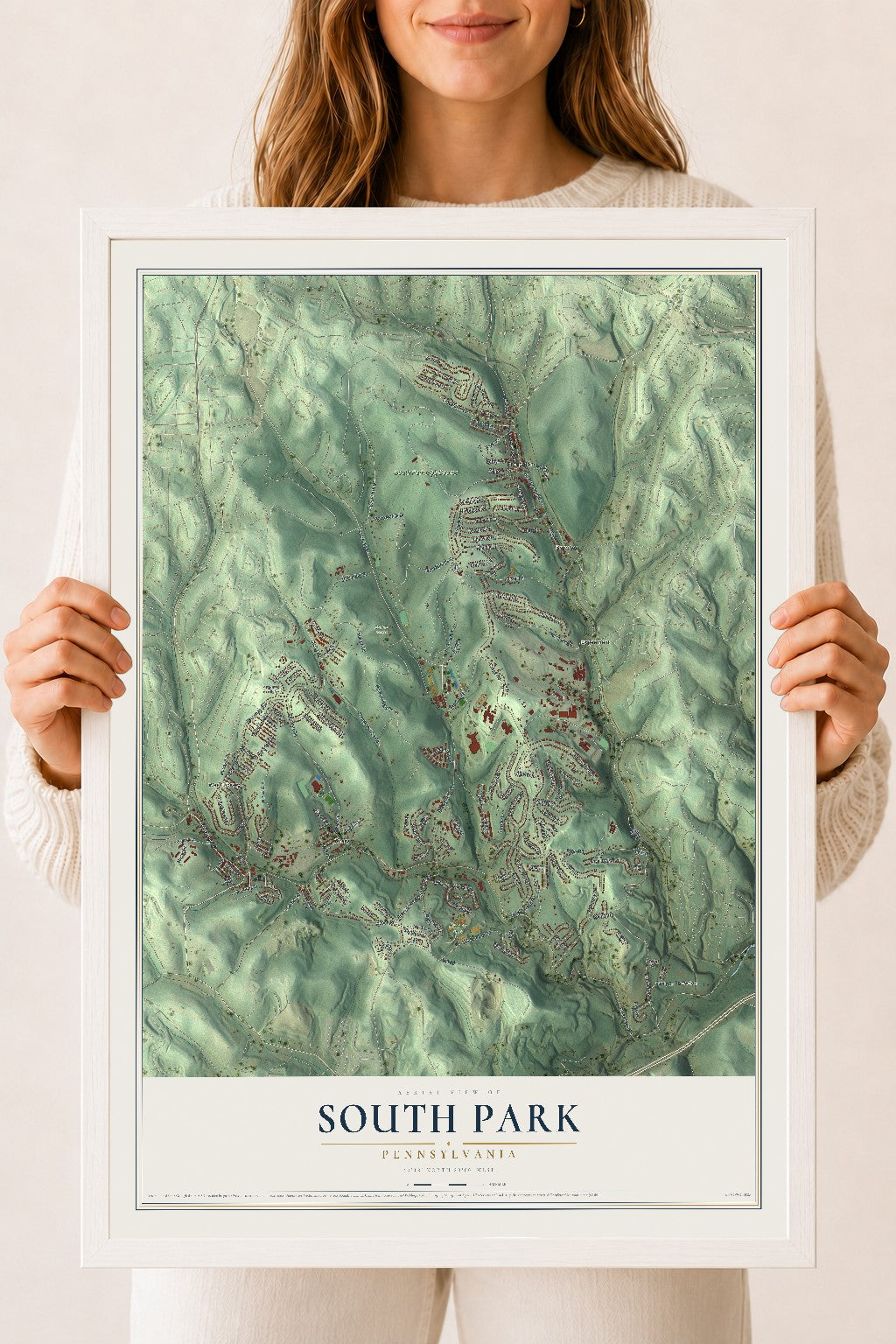 Map of South Park, Pennsylvania, 18 x 24 inch print in a white wood frame