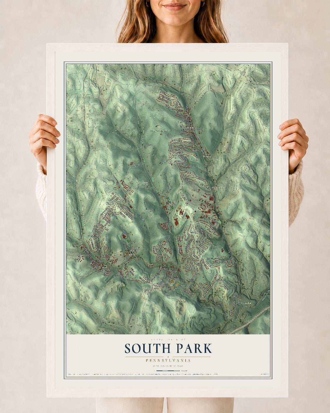 Map of South Park, Pennsylvania, 24 x 36 inch print in a white wood frame