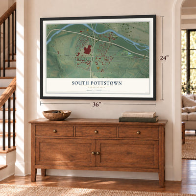 South Pottstown, Pennsylvania map, 24 x 36 inch print in a black frame above a dresser by a staircase
