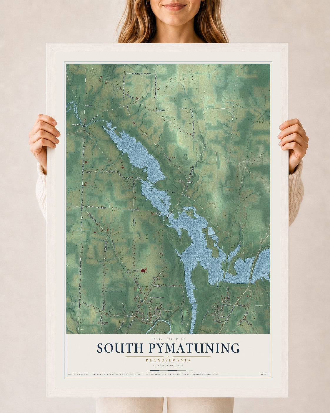 Map of South Pymatuning, Pennsylvania, 24 x 36 inch print in a white wood frame