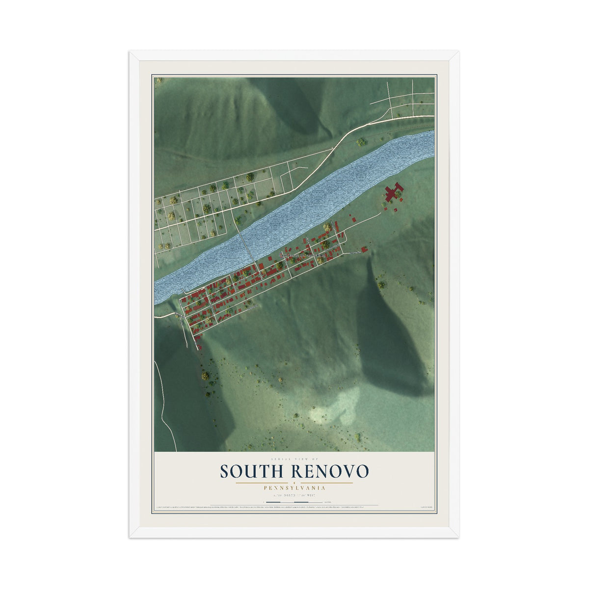 Map of South Renovo, Pennsylvania, 12 x 18 inch print in a white wood frame