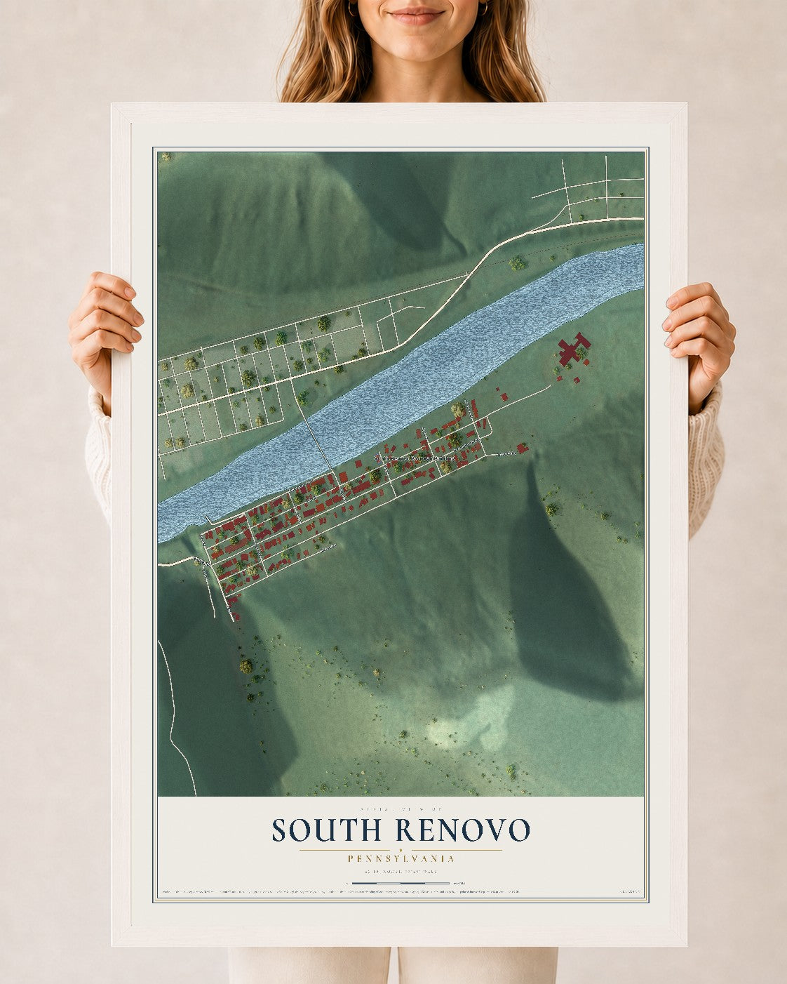 Map of South Renovo, Pennsylvania, 24 x 36 inch print in a white wood frame