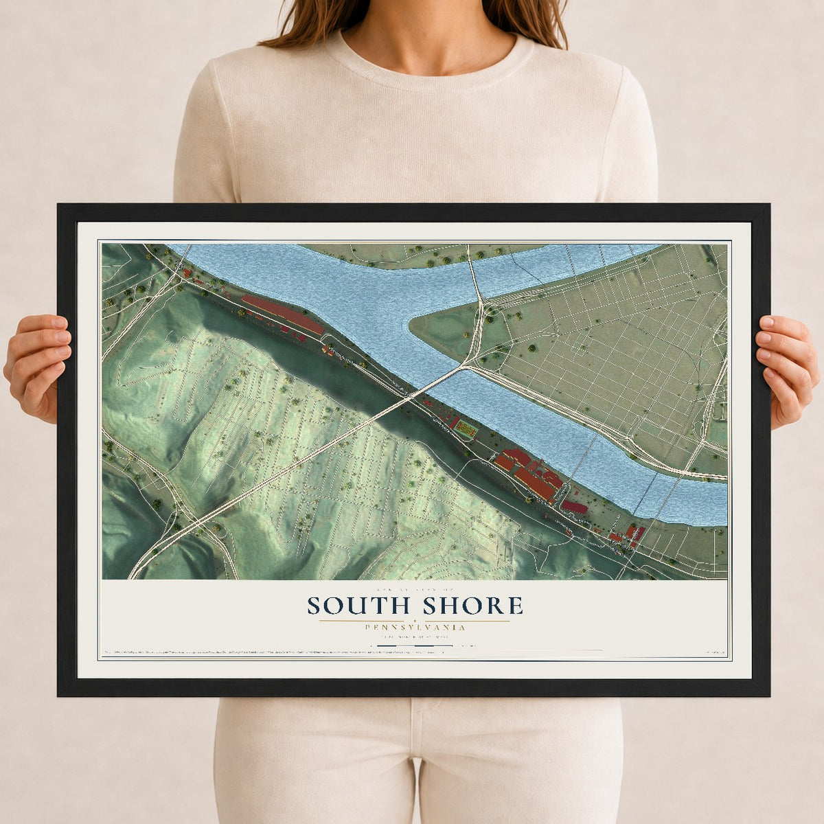 Map of South Shore, Pennsylvania, 12 x 18 inch print in a black wood frame