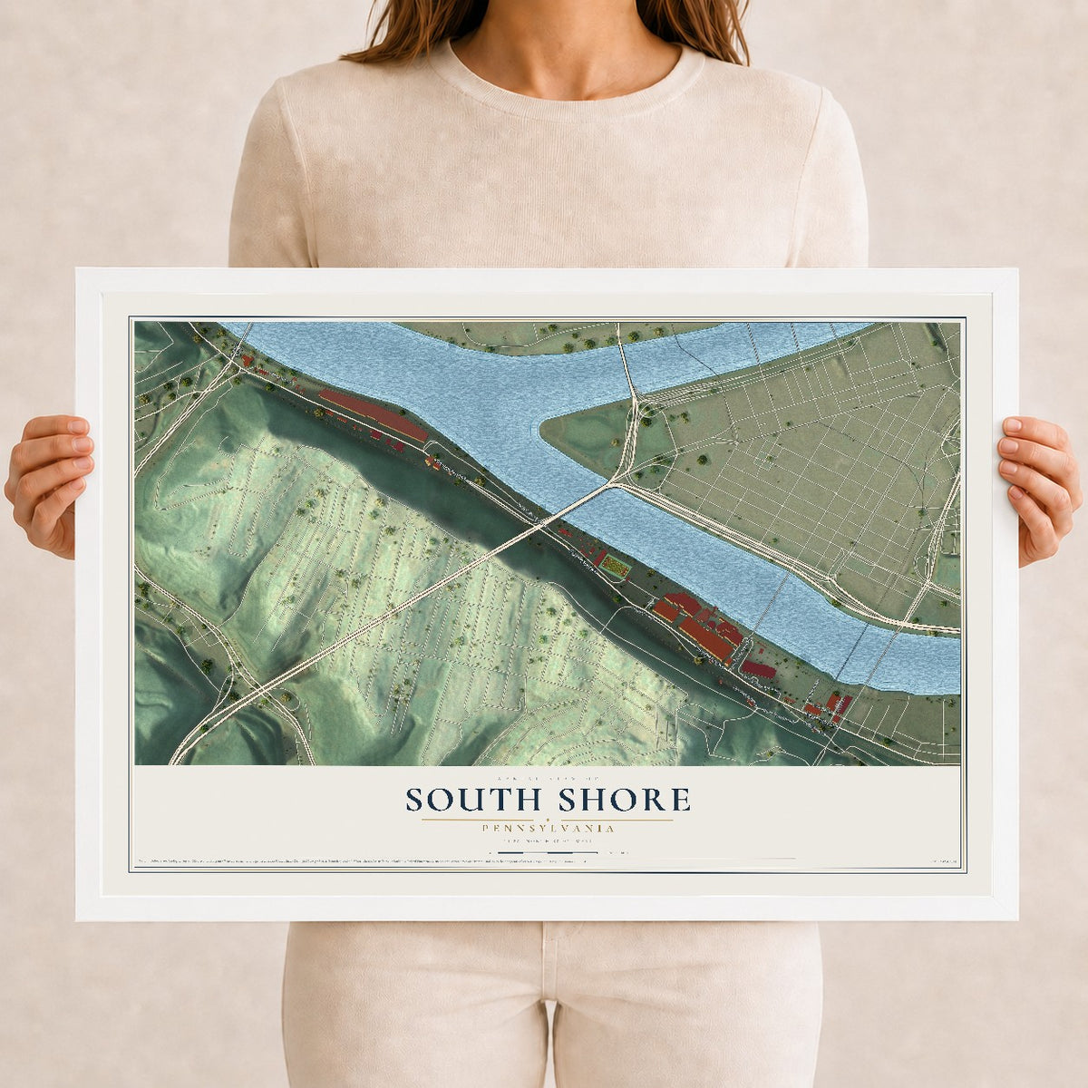 Map of South Shore, Pennsylvania, 12 x 18 inch print in a white wood frame