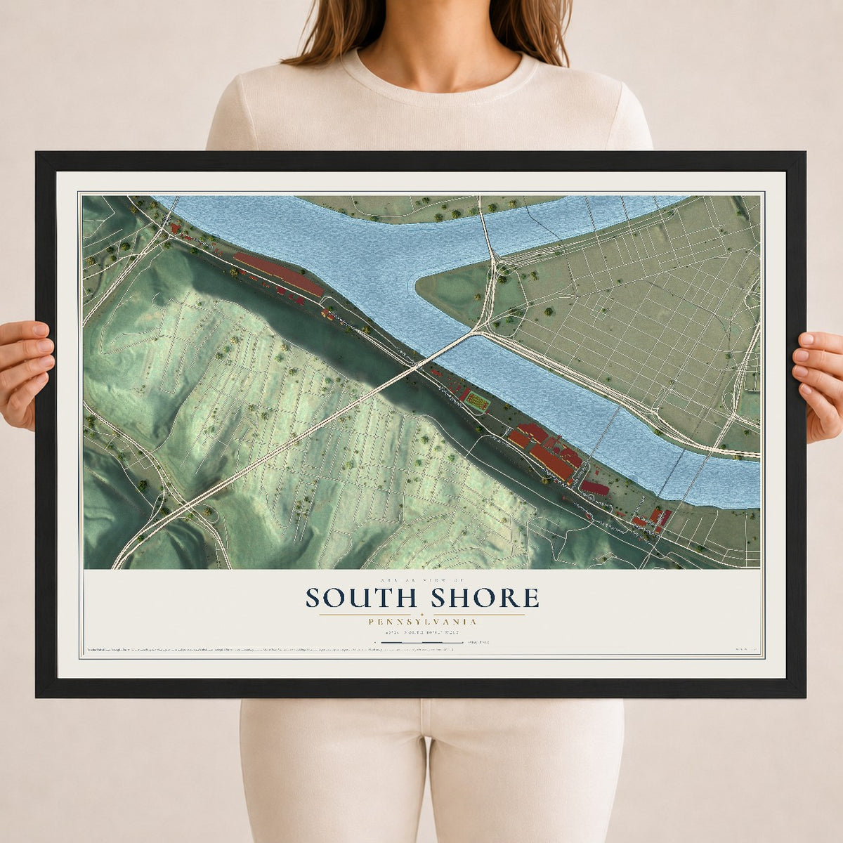 Map of South Shore, Pennsylvania, 18 x 24 inch print in a black wood frame