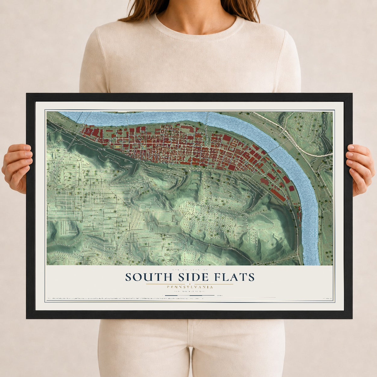 Map of South Side Flats, Pennsylvania, 12 x 18 inch print in a black wood frame