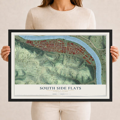Map of South Side Flats, Pennsylvania, 12 x 18 inch print in a black wood frame