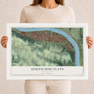 Map of South Side Flats, Pennsylvania, 12 x 18 inch print in a white wood frame