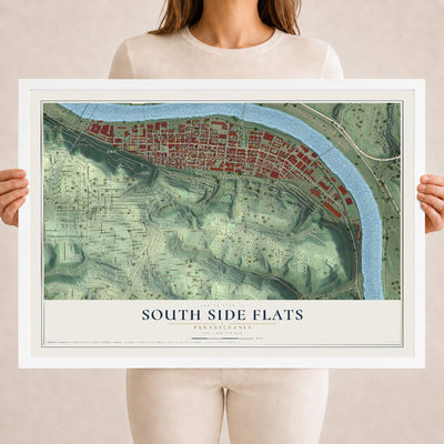 Map of South Side Flats, Pennsylvania, 18 x 24 inch print in a white wood frame