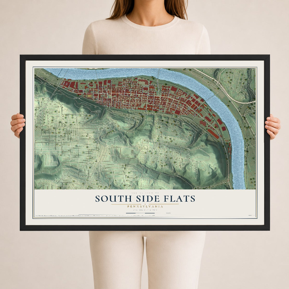 Map of South Side Flats, Pennsylvania, 24 x 36 inch print in a black wood frame