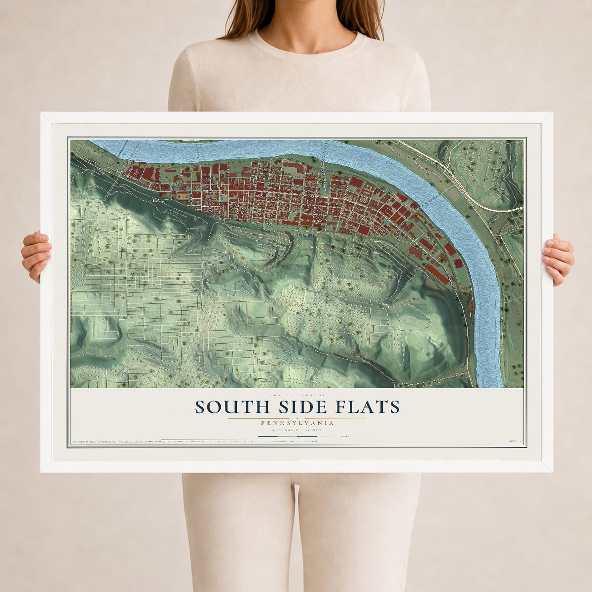Map of South Side Flats, Pennsylvania, 24 x 36 inch print in a white wood frame