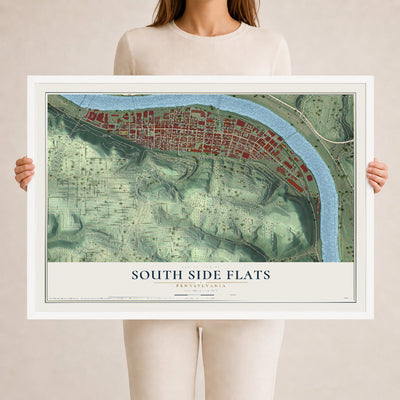 Map of South Side Flats, Pennsylvania, 24 x 36 inch print in a white wood frame