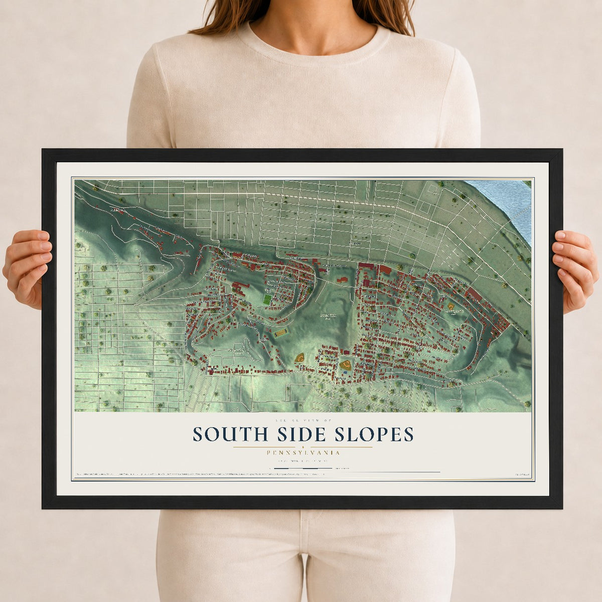 Map of South Side Slopes, Pennsylvania, 12 x 18 inch print in a black wood frame