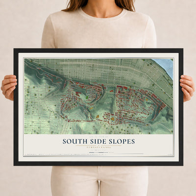 Map of South Side Slopes, Pennsylvania, 12 x 18 inch print in a black wood frame