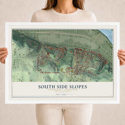 Map of South Side Slopes, Pennsylvania, 18 x 24 inch print in a white wood frame