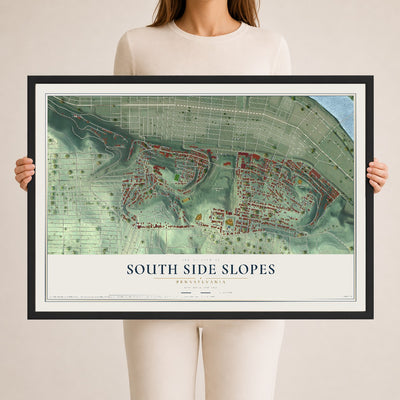 Map of South Side Slopes, Pennsylvania, 24 x 36 inch print in a black wood frame