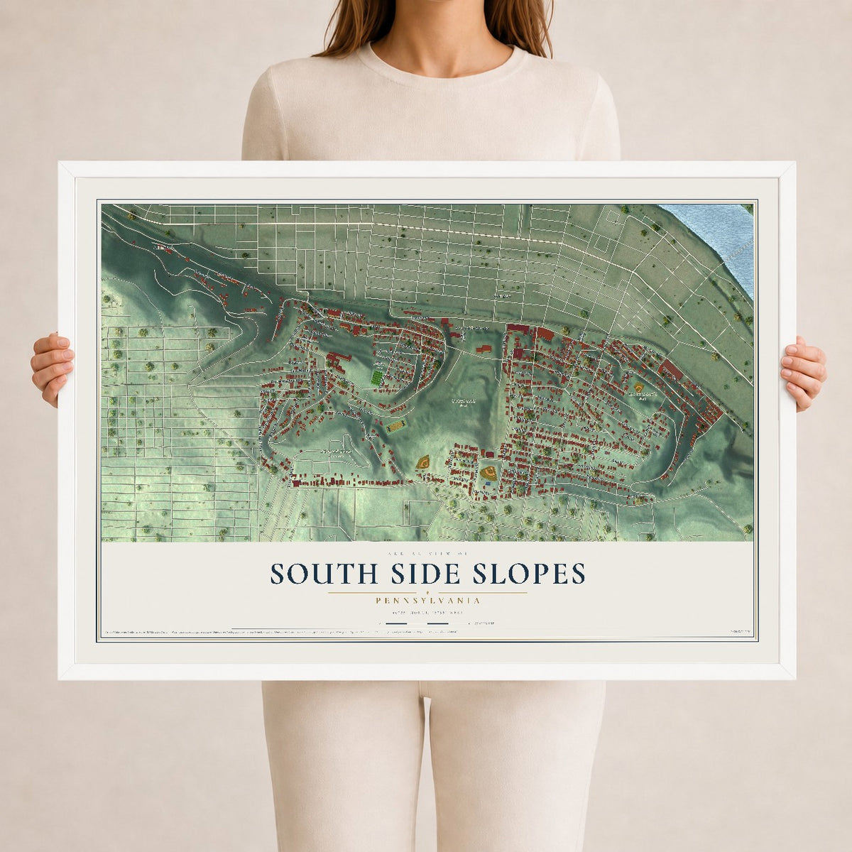 Map of South Side Slopes, Pennsylvania, 24 x 36 inch print in a white wood frame