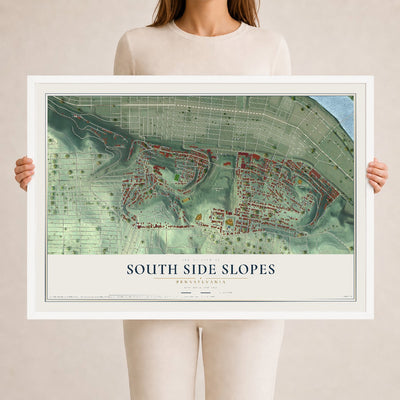 Map of South Side Slopes, Pennsylvania, 24 x 36 inch print in a white wood frame