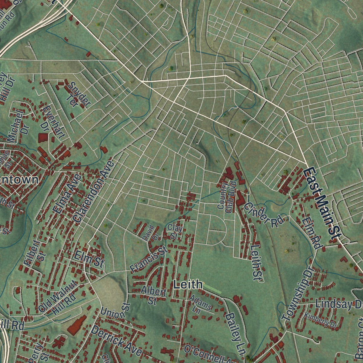 Close-up of the map of South Union, Pennsylvania print showing street and building detail