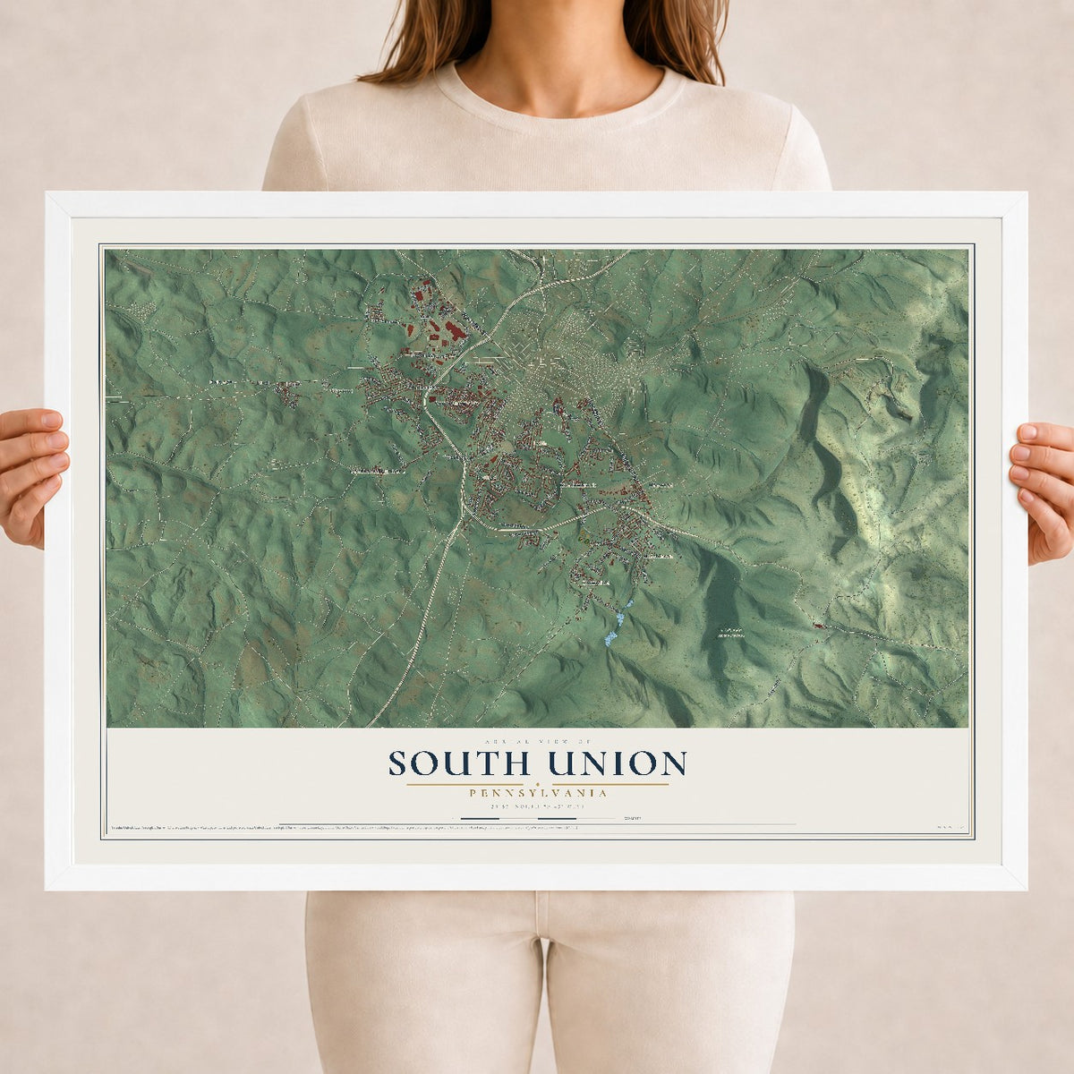 Map of South Union, Pennsylvania, 18 x 24 inch print in a white wood frame