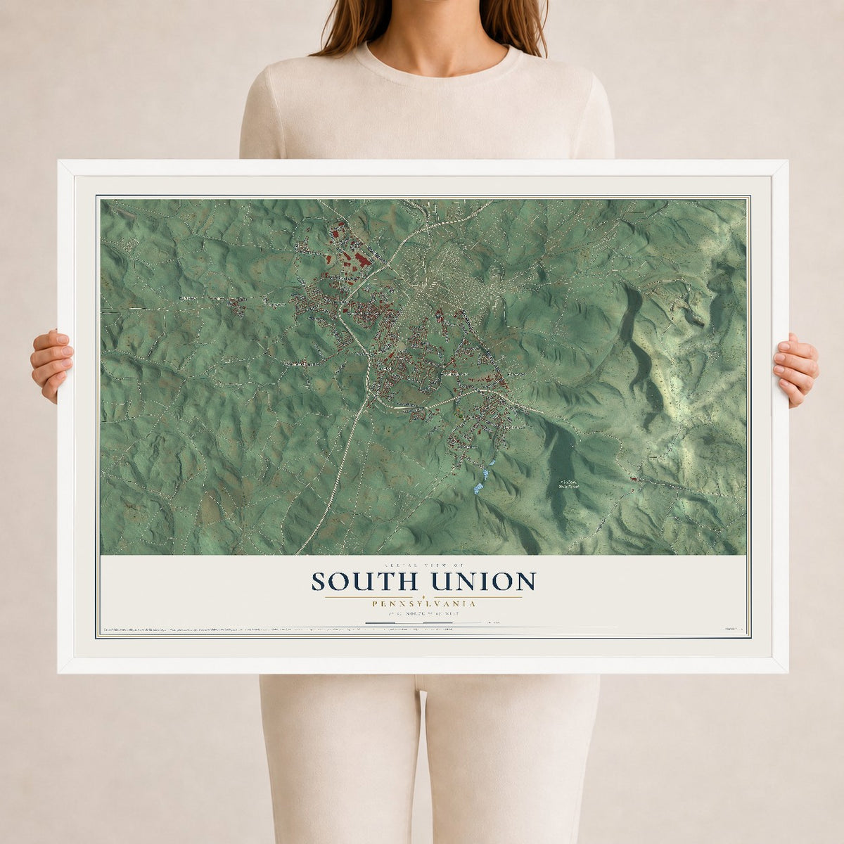 Map of South Union, Pennsylvania, 24 x 36 inch print in a white wood frame