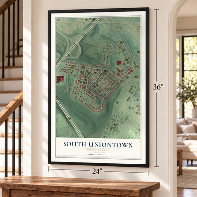 South Uniontown, Pennsylvania map, 24 x 36 inch print in a black frame by a staircase