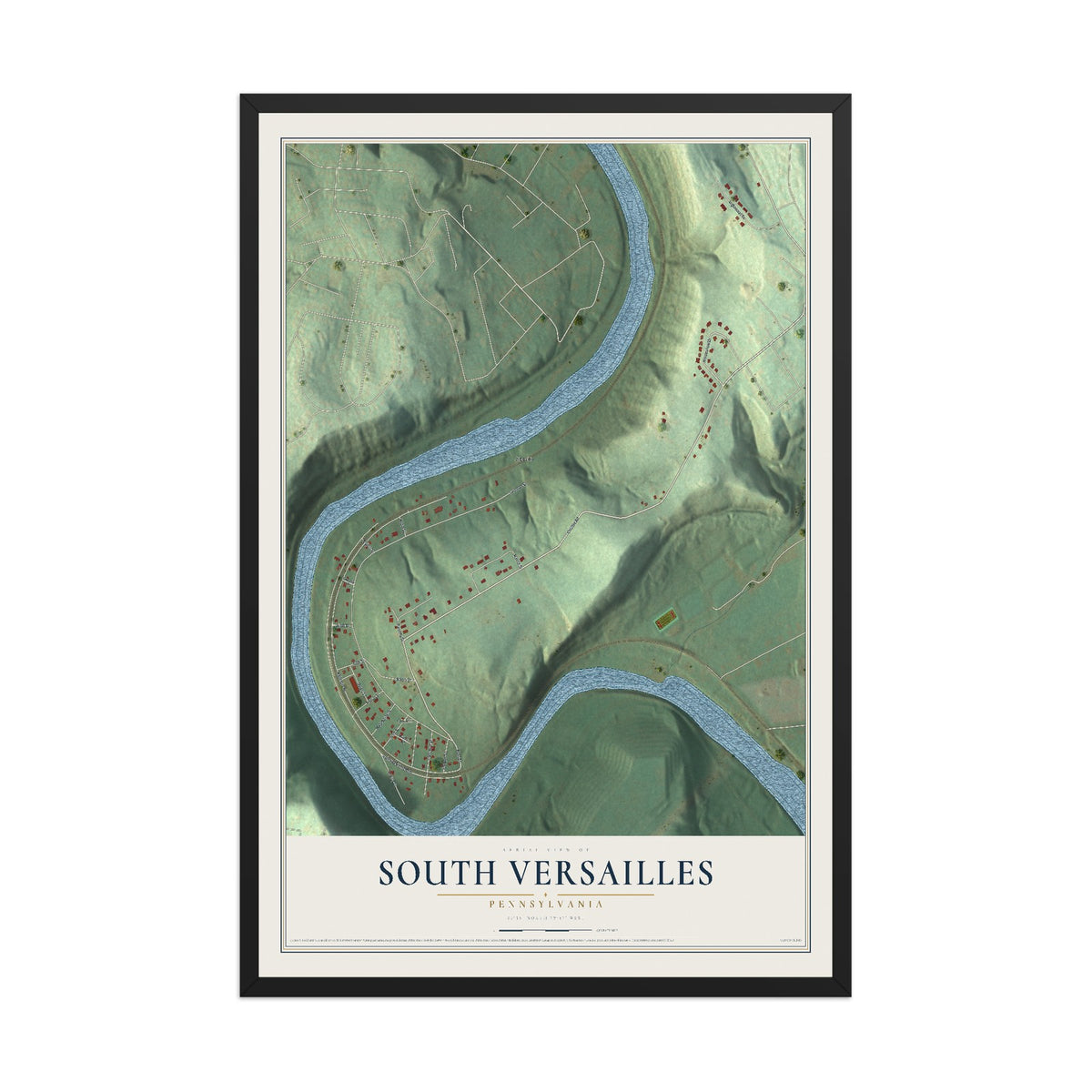 Map of South Versailles, Pennsylvania, 12 x 18 inch print in a black wood frame