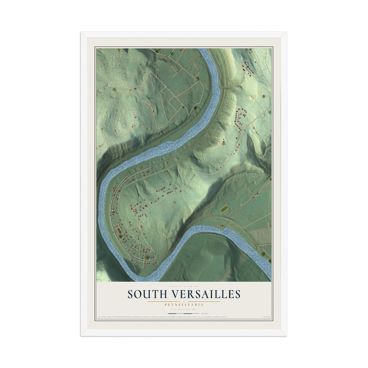 Map of South Versailles, Pennsylvania, 12 x 18 inch print in a white wood frame