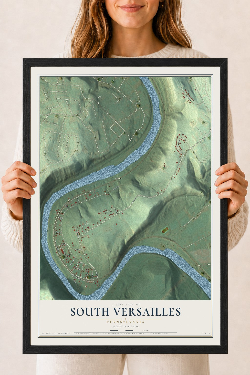 Map of South Versailles, Pennsylvania, 18 x 24 inch print in a black wood frame